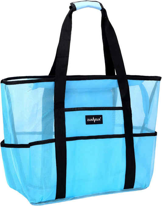 Beach Bag, Mesh Sand Tote 38L Oversized 0.5Lb Lightweight Sturdy Nylon Standing Sandproof Foldable Zipper Bag Perfect for Beach Vacation Picnic Shoping Gym Pool - Blue